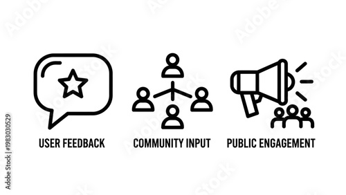 User feedback community input public engagement icons with speech bubble social media flat design social issues feedback community engagement communication discussion megaphone audience