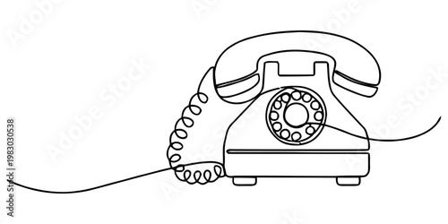 A simple continuous line drawing of a retro rotary telephone featuring a handset and coiled cord. Vector, illustration