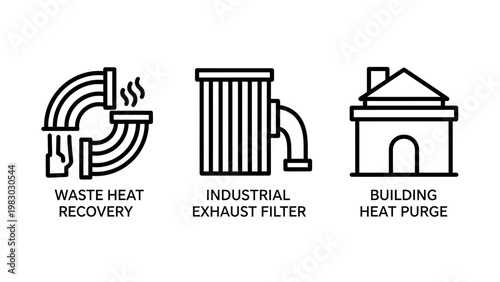 Icons for waste heat recovery industrial exhaust filter building heat purge flat design industry technology efficiency environment pollution filtration building structure machinery