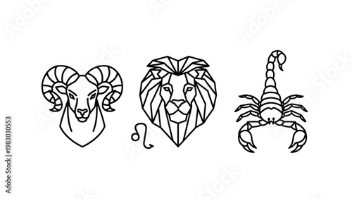 Zodiac signs aries leo scorpio illustrated in a geometric line art style with star sign black and white fortune telling white background astrology horoscope constellation geometric scorpion