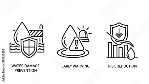Icons for water damage prevention early warning risk reduction with flat design protection insurance security prevention surveillance precaution mitigation management strategy emergency