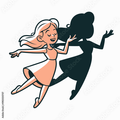 Happy young girl dancing joyfully with her playful shadow on a plain white background illustrating a creative concept of imagination and self expression in cartoon style