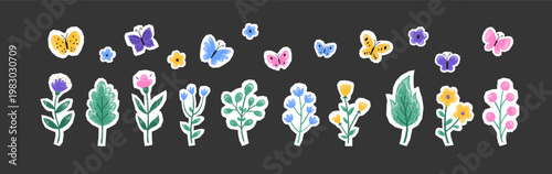 Whimsical butterfly and flower sketches in soft pastel crayon strokes capture innocent charm with delicate chalk-like petals and leaves for children's scrapbook designs. Color vector illustration.