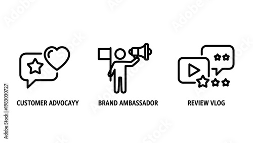 Customer advocacy brand ambassador review vlog marketing icons for digital engagement with social media play button word of mouth public relations black and white background customer