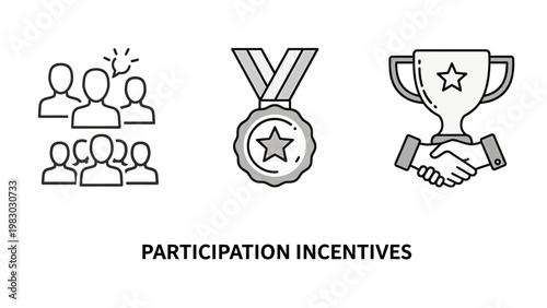 Participation incentives icons featuring teamwork medal awards trophy recognition team building black and white background participation incentives teamwork handshake achievement