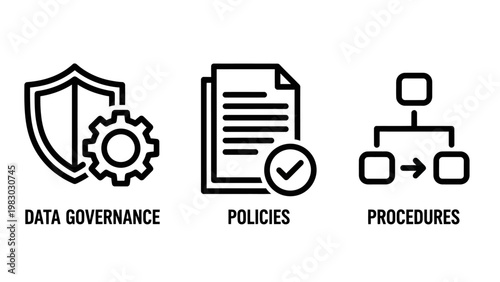 Data governance policies and procedures icons set with shield gear document flowchart data management procedure management compliance security document checklist flowchart regulation