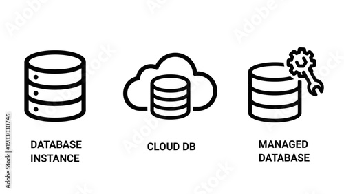 Database instance cloud db and managed database icons set for data storage with cloud computing data management data center big data database server database instance information technology
