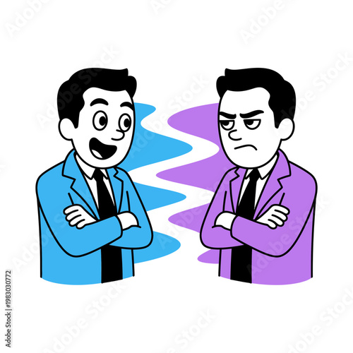 Two opposing businessmen with contrasting expressions in a flat vector illustration showing a friendly cheerful man versus an angry grumpy character with crossed arms