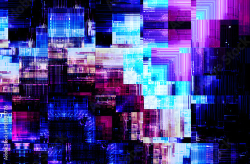 Abstract digital glitch background with neon blue and purple geometric blocks