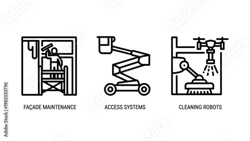 Technology and industry icons featuring rack maintenance access systems cleaning robots representing modern services boom lift high tech artificial intelligence data center line art