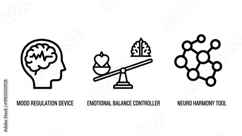 Mental health and well-being icons - brain activity emotional balance scale molecular harmony tools self care molecular structure line art regulation psychology molecule cognitive