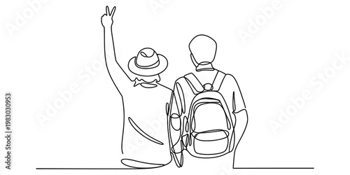 Continuous line drawing of two friends with a backpack standing together and showing peace sign Vector, illustration