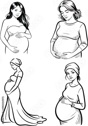 Hand drawn vector illustration set of pregnant women, beautiful motherhood concept sketches with expectant mothers posing together
