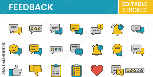 Flat design feedback icons set with editable strokes for user reviews and ratings vector illustration