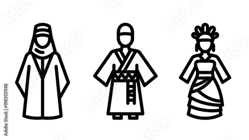 Cultural diversity and traditional attire outline icons set with line art traditional wear cultural diversity traditional clothing international different worldwide national heritage