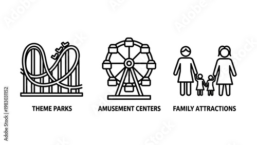 Line icons depicting theme parks amusement centers with a ferris wheel family attractions representing entertainment and leisure activities theme park roller coaster tourism industry day out