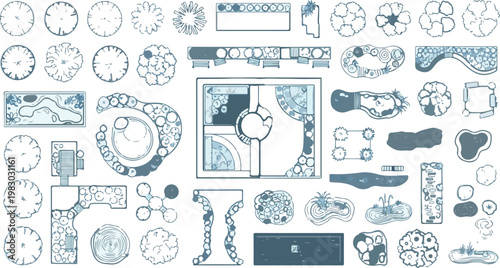 Landscape design symbols in top view, architectural garden plan elements vector set, blue line art trees and shrubs for site planning and backyard layout