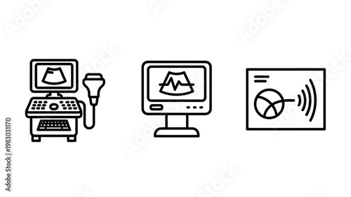 Ultrasound medical diagnostic and wireless transmission line icons set with line art diagnostic imaging medical device medical equipment medical care health technology diagnostic tool wireless
