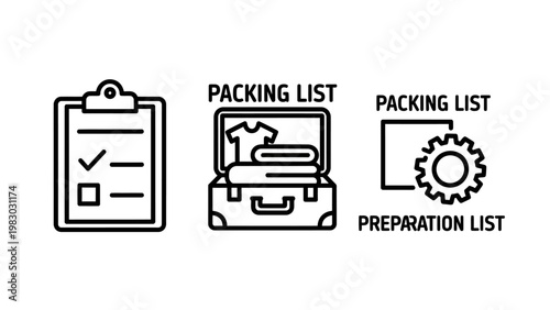 Travel packing list and preparation line icons set with line art pre trip travel planning packing checklist travel essentials travel items travel gear preparation icon preparation suitcase