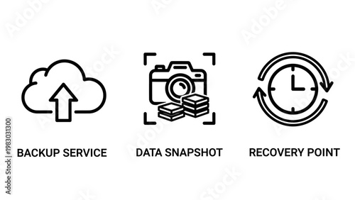 Data backup service snapshot recovery point icons for cloud storage and system restoration with data management information technology data protection digital security file transfer point in time
