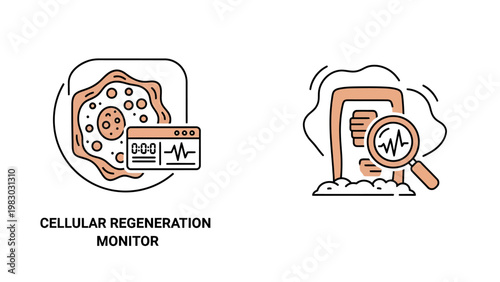 Cellular regeneration monitor and medical data analysis icons for biological research and health monitoring with vital signs magnifying glass scientific illustration vector icons line art