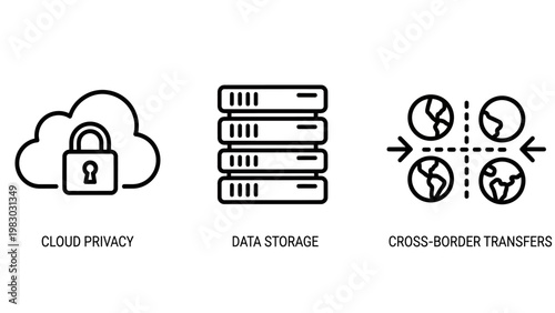 Cloud privacy data storage cross-border transfers icons set for digital security and information management with server rack cloud computing server room it infrastructure security database