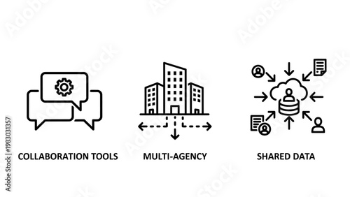 Collaboration tools multi-agency shared data icons for business teamwork and information exchange with office building speech bubble remote work collaboration teamwork business communication