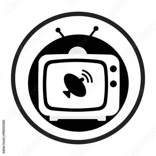 Vector graphic of a vintage television broadcasting a satellite signal in a circular frame.