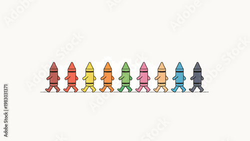 Cute Minimalist Hand-Drawn Illustration of an Anthropomorphic Rainbow Crayon Procession Walking in Line on a Plain Off-White Background