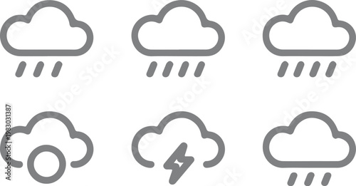 Set of simple grey outline weather icons including rain, heavy rain, storm, and cloudy skies isolated on transparent background, Vector, illustration