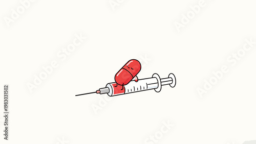 Cute minimalist cartoon illustration of an anthropomorphized red capsule character relaxing on a medical syringe against a plain off-white background, playful whimsical medical-themed art
