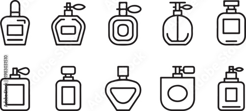Set of ten minimalist perfume bottle line art icons with various shapes and atomizers isolated on transparent background, Vector, illustration