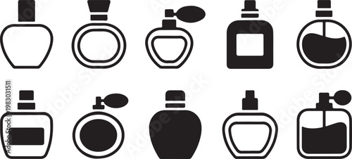 A set of ten diverse black and white perfume bottle icons for beauty and fashion design isolated on transparent background, Vector, illustration