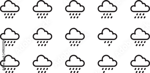 A grid pattern of fifteen minimalist black and white cloud icons with falling raindrops on white. isolated on transparent background, Vector, illustration