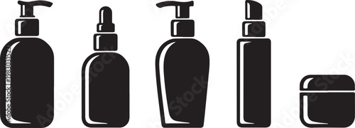 Set of black cosmetic bottle silhouettes including pump, dropper, and jar on white background isolated on transparent background, Vector, illustration