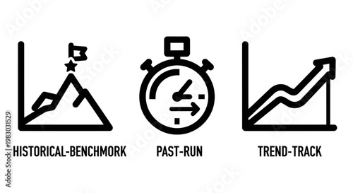 Set of business performance analytics icons featuring historical benchmark mountain past run stopwatch and trend track growth graph business performance tracking historical benchmark analytics
