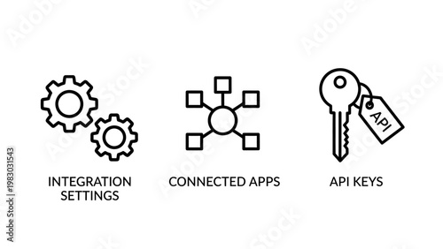 Software engineering and api integration icons set for technical settings connected applications and secure key access with software development integration settings connection technology