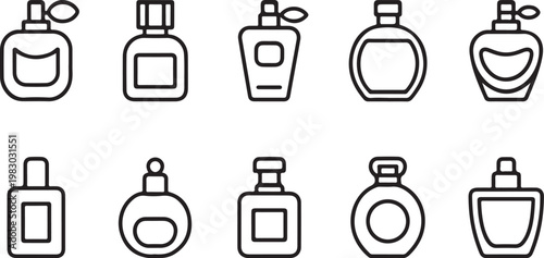 Set of ten perfume and cologne bottle line icons representing various fragrance styles. isolated on transparent background, Vector, illustration