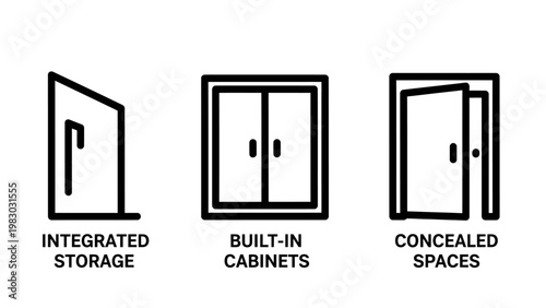 Home organization and storage solution icons for integrated cabinet storage built in furniture and concealed spaces layout with built in interior integrated built-in concealed organization