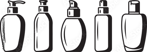 Black and white illustration of various cosmetic and skincare product bottles with pumps and sprays isolated on transparent background, Vector, illustration
