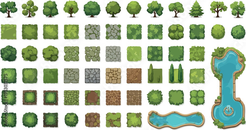 Top-down landscape design vector kit, garden map elements with trees and bushes, architectural site plan textures for park and backyard visualization
