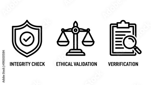 Business ethics and compliance icons for integrity shield check ethical validation scales and document verification audit with compliance integrity validation verification assurance security