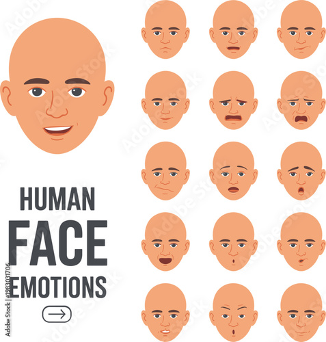 Vector illustration set of bald man faces with various facial expressions, human emotions and different character moods