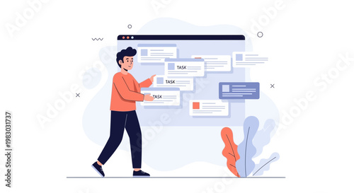 Man managing tasks on a digital board, project management, productivity concept