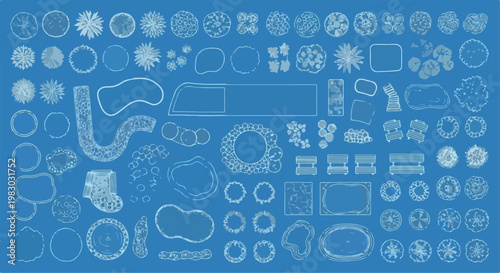 Blueprint landscape design elements, architectural site plan symbols for garden and park layout, white line vector icons on blue background
