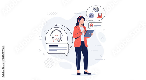 Customer service representative with tablet and headset, communication icons