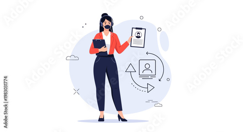Customer service representative with headset holding documents, workflow icons