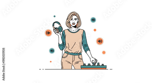 DJ Woman with Headphones and Mixer, Sound Waves, Music Concept