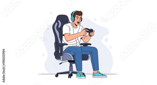 Excited Gamer Playing Video Games on a Chair with Headphones and Controller