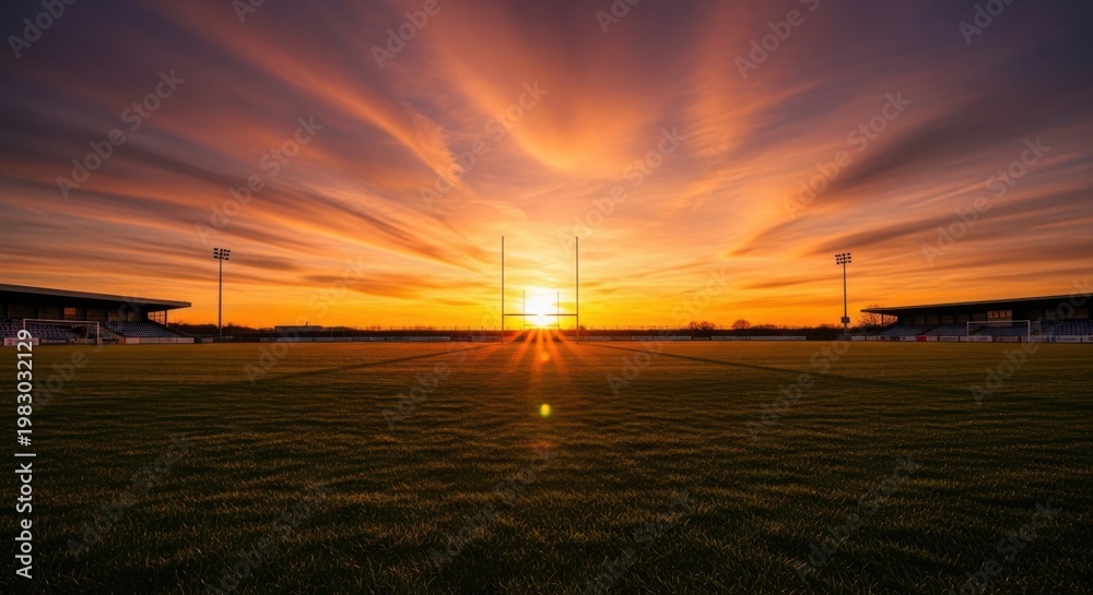 Obraz premium A scenic view of a rugby field at sunset with a dramatic sky and goal posts in the middle frame